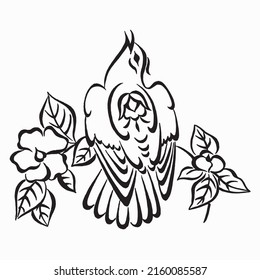 Decoration bird on a flowering branch. Bird on a branch of a blossoming apple tree. Stylized black and white ink illustration. Silhouette vector illustration. Black and white sketch. Linear drawing.