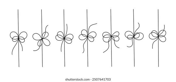 Decoration bow lines. Set of black line of gift ribbon bow isolated on white background. Thin bow for gift box decoration doodle illustration