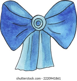 Decoration bow painted in watercolor. Satin blue bow hand draw.