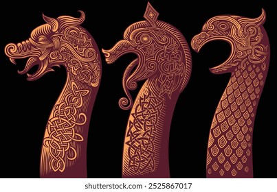 Decoration of the bow of the Viking rook ship. Design set. Editable hand drawn illustration. Vector vintage engraving. Isolated on black background. 8 EPS