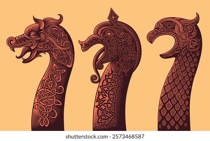 Decoration of the bow of the Viking rook ship. Design set. Editable hand drawn illustration. Vector vintage engraving. Isolated on light background. 8 EPS