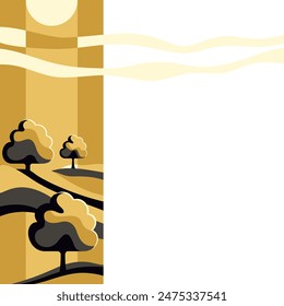 Decoration for brochure, report or presentation, for placement in left margins of sheet or slide. Abstract landscape in simple geometric style, with trees, hills and sunny sky