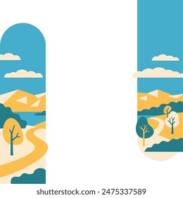 Decoration for brochure, report or presentation, for placement in left and right margins of sheet or slide. Abstract landscape in simple geometric style, with trees, mountains and lake