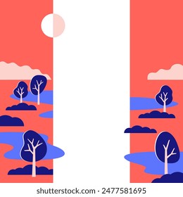 Decoration for brochure, report or presentation, for placement in left and right margins of sheet or slide. Abstract landscape in simple geometric style, with trees, mountains and wetlands