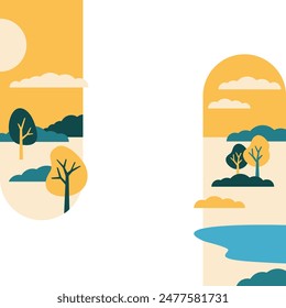 Decoration for brochure, report or presentation, for placement in left and right margins of sheet or slide. Abstract landscape in simple geometric style, with trees, mountains and lake, sunny sky