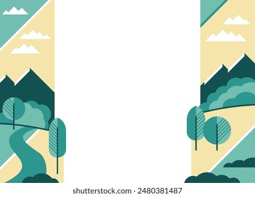 Decoration for brochure, report or presentation, for placement in left and right margins of sheet or slide. Abstract landscape in simple geometric style, with trees, mountains and clouds