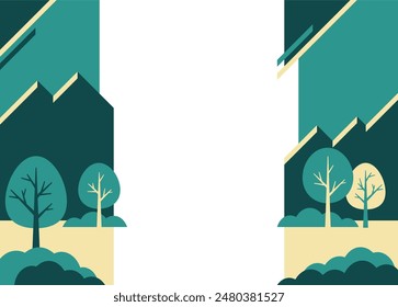Decoration for brochure, report or presentation, for placement in left and right margins of sheet or slide. Abstract landscape in simple geometric style, with trees, mountains and clouds