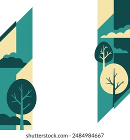 Decoration for brochure, report or presentation, for placement in left and right margins of sheet or slide. Abstract landscape in simple geometric style, with trees, mountains and clouds