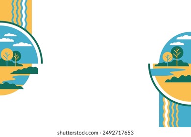 Decoration for brochure, report or presentation, for placement in bottom left and top right margins of sheet or slide. Abstract landscape in simple geometric style, with trees, river, blue sky