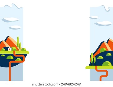 Decoration for brochure, report or presentation, for placement in left and right margins of sheet or slide. Abstract landscape in simple doodle style, with trees, mountains and wetlands