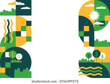 Decoration for brochure, report or presentation, for placement in left and right margins of sheet or slide. Abstract landscape in simple geometric style, with trees, river, blue sky