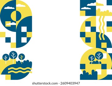 Decoration for brochure, report or presentation, for placement in left and right margins of sheet or slide. Abstract landscape in simple geometric style, with trees, river, blue sky