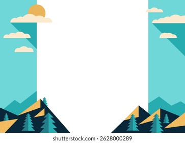 Decoration for brochure, report or presentation, for placement in right and left margins of sheet or slide. Abstract landscape in simple geometric style, with mountains and trees 