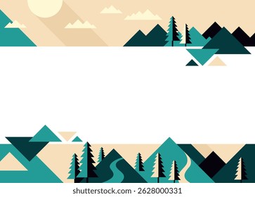 Decoration for brochure, report or presentation, for placement in top and bottom margins of sheet or slide. Abstract landscape in simple geometric style, with mountains and trees 