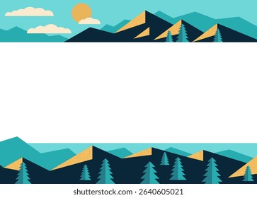 Decoration for brochure, report or presentation, for placement in top and bottom margins of sheet or slide. Abstract landscape in simple geometric style, with mountains and trees 
