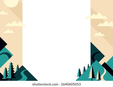 Decoration for brochure, report or presentation, for placement in right and left margins of sheet or slide. Abstract landscape in simple geometric style, with mountains and trees 