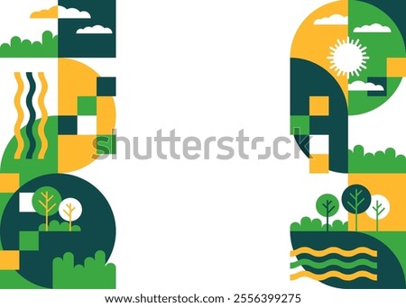 Decoration for brochure, report or presentation, for placement in left and right margins of sheet or slide. Abstract landscape in simple geometric style, with trees, river, blue sky