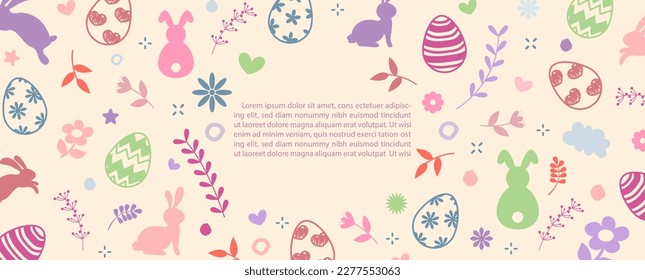 Decoration bunny and Easter pattern wallpaper and gift wrapping paper in flat style isolated on light orange background.