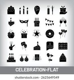 Decoration, cake, candle, firecracker and decoration and entertainment design. Simple set of 25 flat event and entertainment icons.