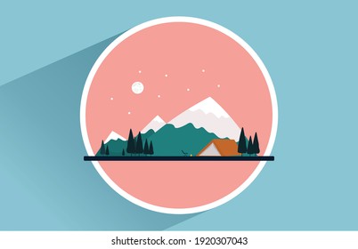 Decoration A camping night atmosphere at the foot of a snowy mountain, with the moon, stars and pine forests. Nature background, vector icon illustration on frame