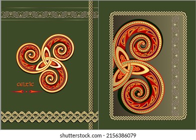 Decoration with Celtic triple trickle spiral ornament. Template for cover or greeting card. Celtic knot pattern. Luxury background. Vector drawing. Print for poster, banner, wallpaper, design.