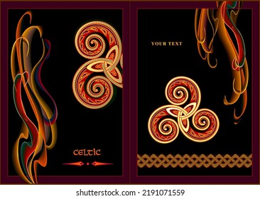 Decoration With Celtic Triple Trickle Spiral Ornament. Template For Book Cover Or Greeting Card. Celtic Knot Pattern. Luxury Background. Vector Drawing. Print For Poster, Banner, Wallpaper, Design.