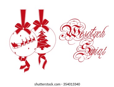 Decoration Christmas Bauble, white and red colors, Merry Christmas inscription in Polish