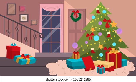 Decoration of christmas room, home interior. Christmas tree design.