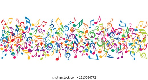 Decoration concept for a musical event with a banner filled with musical notes of different colors