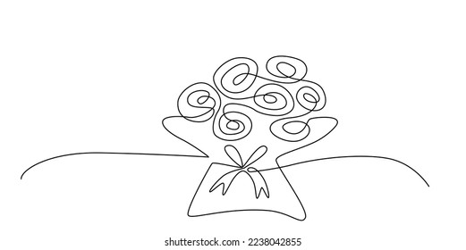 Decoration continuous line hand drawing flowers bouquet for wedding photo book, invitations. Vector stock illustration minimalism design isolated on white background. Editable stroke single line. EPS1