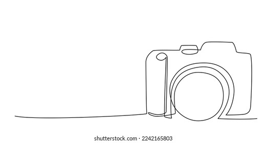 Decoration continuous line hand drawing photo camera for wedding photo book, invitations. Vector stock illustration minimalism design isolated on white background. Editable stroke single line. EPS10