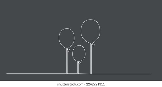 Decoration continuous line hand drawing element three balloons for photo book, invitations. Vector stock illustration minimalism design isolated on black background. Editable stroke single line. EPS10