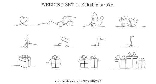 Decoration continuous line hand drawing elements set for wedding photo book, invitations. Vector stock illustration minimalism design isolated on white background. Editable stroke single line. EPS10