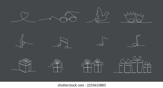 Decoration continuous line hand drawing elements set for wedding photo book, invitations. Vector stock illustration minimalism design isolated on black background. Editable stroke single line. EPS10