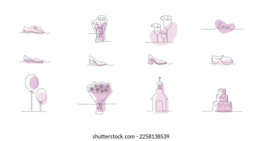 Decoration continuous line hand drawing elements set for wedding photo book, invitations. Vector stock illustration minimalism design isolated on white background. Editable stroke single line. EPS10