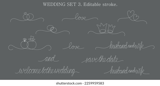 Decoration continuous line hand drawing elements set for wedding photo book, invitations. Vector stock illustration minimalism design isolated on black background. Editable stroke single line. EPS10