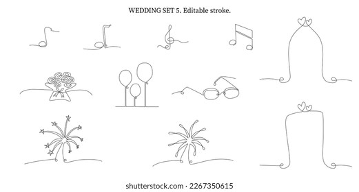 Decoration continuous line hand drawing elements set for wedding photo book, invitations. Vector stock illustration minimalism design isolated on white background. Editable stroke single line. EPS10