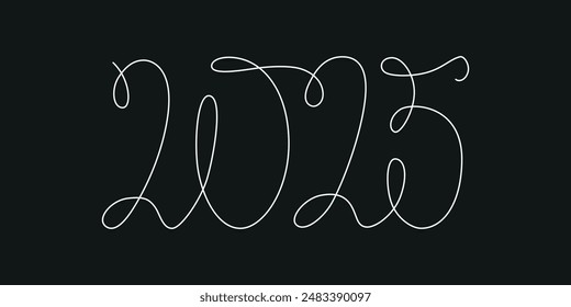 Decoration continuous line hand drawing sign for 2025 year calendar. Vector stock illustration minimalism design isolated on black chalkboard background. Editable stroke single line. EPS10