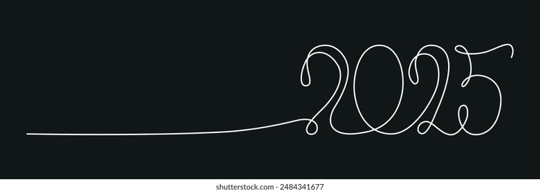 Decoration continuous line hand drawing sign for 2025 year calendar. Vector stock illustration minimalism design isolated on black chalkboard background. Editable stroke single line. EPS10