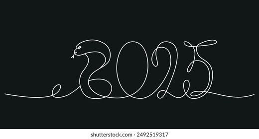 Decoration continuous line hand drawing sign for 2025 year calendar, presentation, poster. Vector stock illustration minimalism design isolated on black background. Editable stroke single line. EPS10