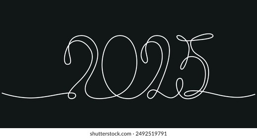 Decoration continuous line hand drawing sign for 2025 year calendar. Vector stock illustration minimalism design isolated on black chalkboard background. Editable stroke single line. EPS10