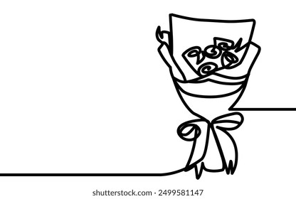 Decoration continuous line hand drawing flowers bouquet for wedding photo book, invitations. Vector stock illustration minimalism design isolated on white background. Doodle vector ilustration