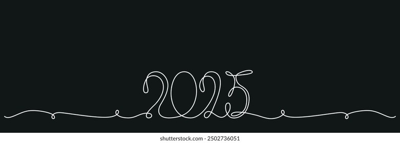Decoration continuous line hand drawing sign for 2025 year calendar. Vector stock illustration minimalism design isolated on black chalkboard background. Editable stroke single line. EPS10