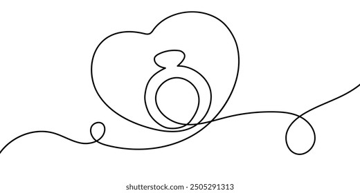 Decoration continuous line hand drawing element for wedding photo book, invitations. Vector stock illustration minimalism design isolated on white background.wedding ring in heart