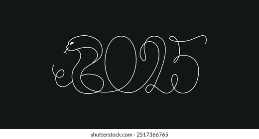 Dekoration durchgehende Linie Handzeichen für 2025 Jahr Kalender, Präsentation, Poster. Minimalismus-Design, Vektorgrafik, einzeln auf schwarzem Hintergrund. Bearbeitbarer Strich in einer Zeile. EPS10