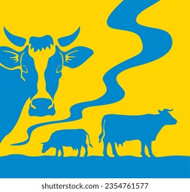 Decoración para el etiquetado de productos lácteos - siluetas de vacas lecheras en el fondo amarillo