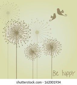 Decoration with dandelions and birds. Flower background. Vector