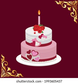 Decoration details of a 2 Tier love birthday cake made for valentine couple , in pink, red and white Buttercream Frosting .with vintage design and birthday candle.
