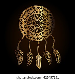 Decoration dream catcher in tribe style. Gold Dream catcher with feathers. Boho style.