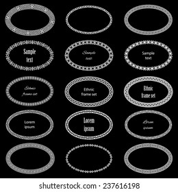 Decoration elements in big pack. Mega set of 15 the most popular ellipse frames with sample text. Ethnic oval borders in huge collection. Isolated in white color on black. Vector illustration 